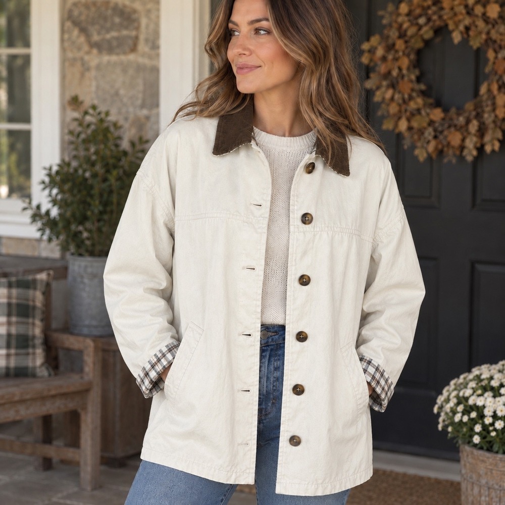 Vintage 90s Cherokee Barn Jacket L Cream Cotton Corduroy Collar Plaid Cuffs